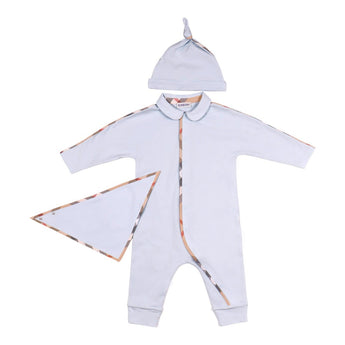 BURBERRY Kids 經典格紋滾邊寶寶藍套組-連身褲/帽子/圍兜