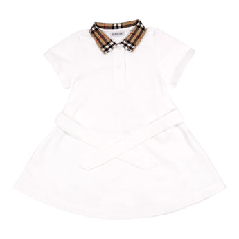 BURBERRY Kids 經典格紋領腰間蝴蝶結白色洋裝